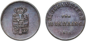 Denmark Kingdom 1814 16 Skilling - Frederik VI (Rigsbank Token) Copper 14.51g VF Surface hairlines KM Tn3