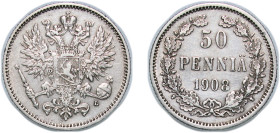 Finland Grand duchy 1908 50 Pennia Silver (.750) Helsinki Mint (353000) 2.59g XF KM 2.2 Schön 11 Kahnt/Schön 5 Kahnt/Schön 16