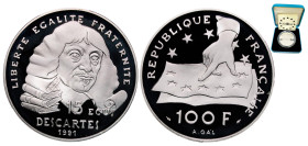 France Fifth Republic 1991 100 Francs / 15 Ecus (Rene Descartes) Silver (.900) Paris Mint (30000) 22.2g PF KM 1002