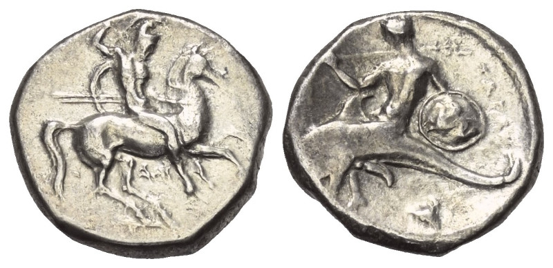Kalabrien. Tarent.

 Didrachme oder Nomos (Silber). Ca. 302 - 280 v. Chr.
Vs:...