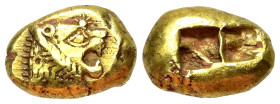 Königreich Lydien. Alyattes - Kroisos (605 - 540 v. Chr.).

 1/3 Stater (Elektron). Sardeis.
Vs: Kopf eines Löwen mit Strahlenwarze auf der Stirn r...
