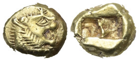 Königreich Lydien. Alyattes - Kroisos (605 - 540 v. Chr.).

 1/3 Stater (Elektron). Sardeis.
Vs: Kopf eines Löwen mit Strahlenwarze auf der Stirn r...