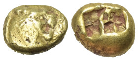 Königreich Lydien. Alyattes - Kroisos (605 - 540 v. Chr.).

1/3 Stater (Elektron). Sardeis.
Vs: Kopf eines Löwen mit Strahlenwarze auf der Stirn re...