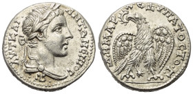 Seleukis und Pierien. Laodikeia ad Mare. Caracalla (197 - 217 n. Chr.).

Tetradrachme (Billon). 208 - 209 n. Chr.
Vs: Büste des Caracalla mit Lorbe...