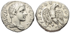 Seleukis und Pierien. Laodikeia ad Mare. Geta als Caesar (198 - 209 n. Chr.).

 Tetradrachme (Billon). 207 - 208 n. Chr.
Vs: Büste des Geta in Vord...