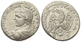 Kyrrhestike. Beroia. Caracalla (197 - 217 n. Chr.).

 Tetradrachme (Billon). 215 - 217 n. Chr.
Vs: Büste des Caracalla in Rückansicht mit Strahlenk...