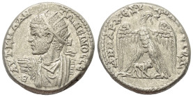 Kyrrhestike. Hierapolis. Caracalla (197 - 217 n. Chr.).

 Tetradrachme (Billon).
Vs: Büste des Caracalla in Rückansicht mit Strahlenkrone, Paludame...