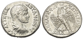 Kyrrhestike. Hierapolis. Caracalla (197 - 217 n. Chr.).

 Tetradrachme (Billon). Ca. 215 - 217 n. Chr.
Vs: Büste des Caracalla in Rückansicht mit L...