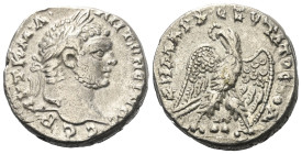 Phönikien. Akko-Ptolemais. Caracalla (197 - 217 n. Chr.).

 Tetradrachme (Billon).
Vs: Büste in Rückansicht mit Lorbeerkranz rechts.
Rs: Adler mit...