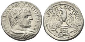 Phönikien. Sidon. Caracalla (197 - 217 n. Chr.).

 Tetradrachme (Billon). Ca. 215 - 217 n. Chr.
Vs: Büste des Caracalla in Rückansicht mit Lorbeerk...