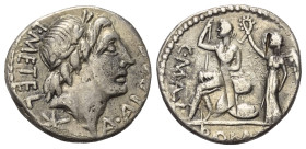 C. Poblicius Malleolus mit A. Postumius Albinus und L. Caecilius Metellus.

 Denar (Silber). 96 v. Chr. Rom.
Vs: A ALB S F L METEL. Kopf des Apollo...