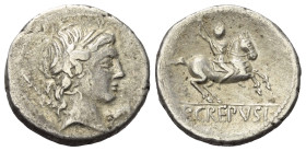 P. Crepusius.

 Denar (Silber). 82 v. Chr. Rom.
Vs: Kopf des Apollo mit Lorbeerkranz rechts, dahinter Szepter und Buchstabe A.
Rs: P CREPVSI. Reit...
