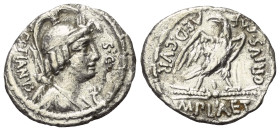 M. Plaetorius Cestianus.

 Denar (Silber). 67 v. Chr. Rom.
Vs: CESTIANVS / S C. Drapierte Büste einer Gottheit rechts mit Attributen von Isis, Mine...