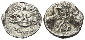 L. Plautius Plancus.

 Denar (Silber). 47 v. Chr. Rom.
Vs: L PLAVTIVS. Kopf der Medusa en face.
Rs: PLANCVS. Aurora mit Palmzweig en face, Pferdev...