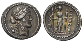 P. Clodius.

 Denar (Silber). 42 v. Chr. Rom.
Vs: Kopf des Apollo mit Lorbeerkranz rechts, dahinter Lyra.
Rs: P CLODIVS / M F. Diana mit zwei bren...