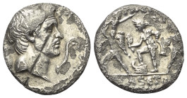 Sextus Pompeius.

 Denar (Silber). 42 - 40 v. Chr. Münzstätte auf Sizilien.
Vs: [MAG PIVS IMP ITER]. Kopf des älteren Cn. Pompeius Magnus rechts, l...