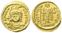 Mauricius Tiberius (582 - 602 n. Chr.).

 Solidus (Gold). 583 - 602 n. Chr. Theoupolis (Antiochia) ?.
Vs: DN mAURC - TIb PP AVI. Behelmte Büste des...