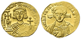 Iustinianus II. (685 - 695 und 705 - 711 n. Chr.).

 Solidus (Gold). Um 705 n. Chr. (2. Regierungszeit). Constantinopolis.
Vs: DN IhS ChS RE - X RE...