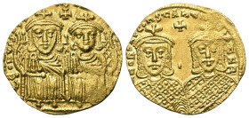 Leo IV. (776 - 780 n. Chr.) mit Constantinus VI., Leo III. und Constantinus V.

 Solidus (Gold). 778 - 780 n. Chr. Constantinopolis.
Vs: Leo IV. un...