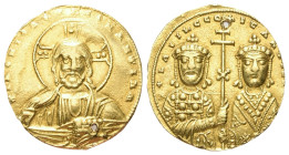 Basilius II. Bulgaroktonos (976 - 1025 n. Chr.) und Constantinus VIII.

 Tetarteron nomisma (Gold). Constantinopolis.
Vs: IhS XIS REX REGNANTIhM. B...