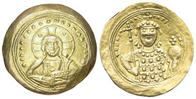 Constantinus IX. Monomachos (1042 - 1055 n. Chr.).

 Histamenon nomisma (Gold). Constantinopolis.
Vs: + IhS XIS REX REGNANTIhM. Büste des segnenden...
