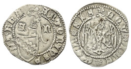 Italien. Aquileia - Patriarchat. Antonio I. Caetani (1395 - 1402).

 Denar (Silber).
Vs: Behelmtes Wappen zwischen A - N.
Rs: Adler frontal mit ge...