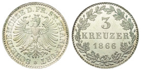 Frankfurt - Stadt.

 3 Kreuzer (Silber). 1866.
Vs: Bekrönter Adler.
Rs: Wert in Eichenkranz.

17 mm. 1,28 g. 

Jaeger 35; AKS 24.
 Stempelfri...