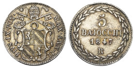 Italien. Kirchenstaat. Pius IX. (1846 - 1878).

 5 Baiocchi (Silber). 1847 R.
Vs: Wappen.
Rs: Nominal.

16 mm. 1,35 g. 

Pagani 322; Montenegr...