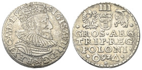 Polen. Königreich. Sigismund III. Wasa (1587 - 1632).

 Dreigröscher (Silber). 1592. Marienburg (Malbork).
Vs: Gekrönter Kopf mit Harnisch- und Müh...
