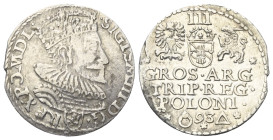 Polen. Königreich. Sigismund III. Wasa (1587 - 1632).

 Dreigröscher (Silber). 1593. Marienburg (Malbork).
Vs: Gekrönter Kopf mit Harnisch- und Müh...