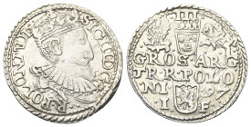 Polen. Königreich. Sigismund III. Wasa (1587 - 1632).

 Dreigröscher (Silber). 1597. Olkusz.
Vs: Gekrönter Kopf mit Harnisch- und Mühlsteinkragen r...