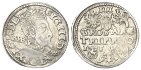 Polen. Königreich. Sigismund III. Wasa (1587 - 1632).

 Dreigröscher (Silber). 1597. Posen (Poznan).
Vs: Gekrönter Kopf mit Harnisch- und Mühlstein...
