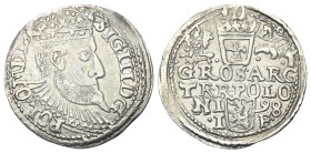 Polen. Königreich. Sigismund III. Wasa (1587 - 1632).

 Dreigröscher (Silber). 1598. Ilkenau (Olkusz).
Vs: Gekrönter Kopf mit Harnisch- und Mühlste...