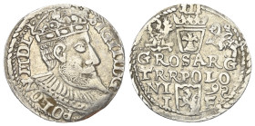 Polen. Königreich. Sigismund III. Wasa (1587 - 1632).

 Dreigröscher (Silber). 1598. Ilkenau (Olkusz).
Vs: Gekrönter Kopf mit Harnisch- und Mühlste...