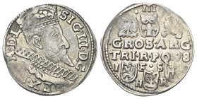 Polen. Königreich. Sigismund III. Wasa (1587 - 1632).

 Dreigröscher (Silber). 1598. Bromberg.
Vs: Gekrönter Kopf mit Harnisch- und Mühlsteinkragen...