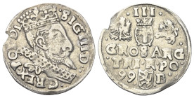 Polen. Königreich. Sigismund III. Wasa (1587 - 1632).

 Dreigröscher (Silber). 1599. Bromberg (Bydgoszcz).
Vs: Gekrönter Kopf mit Harnisch- und Müh...