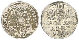 Polen. Königreich. Sigismund III. Wasa (1587 - 1632).

 Dreigröscher (Silber). 1599. Fraustadt (Wschawa).
Vs: Gekrönter Kopf mit Harnisch- und Mühl...