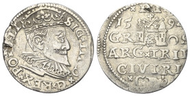Polen. Riga - Stadt. Sigismund III. (1587 - 1621).

 Dreigröscher (Silber). 1594. Riga.
Vs: Gekrönter Kopf mit Harnisch- und Mühlsteinkragen nach r...