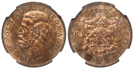 Rumänien. Karl I. (1881 - 1914).

 5 Bani. 1884.
NGC MS 63 RB (4790070-011). Stark unterbewertet (wohl MS 65).

Vs: Kopf links.
Rs: Bekröntes Wa...