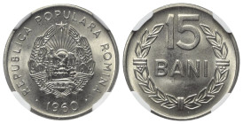 Rumänien. Volksrepublik (1947 - 1965).

 15 Bani (Kupfer-Nickel). 1960. Bukarest.
NGC MS 66 (4784781-004). 

Vs: Wappen der Volksrepublik (Bergla...