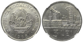 Rumänien. Sozialistische Republik (1965 - 1989).

 3 Lei (nickelplattierter Stahl). 1966. Bukarest.
NGC MS 66+ (4784781-012). 

Vs: Wappen der So...
