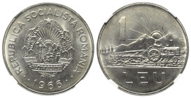 Rumänien. Sozialistische Republik (1965 - 1989).

 Leu (nickelplattierter Stahl). 1966. Bukarest.
NGC MS 66 (3997850-005). 

Vs: Wappen der Sozia...