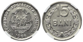 Rumänien. Sozialistische Republik (1965 - 1989).

 15 Bani (Kupfer-Nickel). 1966. Bukarest.
NGC MS 66 (4784781-008). 

Vs: Wappen der Sozialistis...