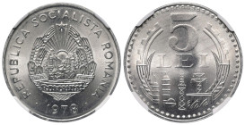 Rumänien. Sozialistische Republik (1965 - 1989).

 5 Lei (Aluminium). 1978. Bukarest.
NGC MS 67 (4784781-015). 

Vs: Wappen der Sozialistischen R...