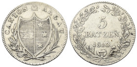 Schweiz. Aargau - Kanton.

 5 Batzen (Silber). 1810.
Vs: Wappen in Kranz.
Rs: Wertbezeichnung in Kranz, darunter Jahreszahl.

26 mm. 4,61 g. 
...