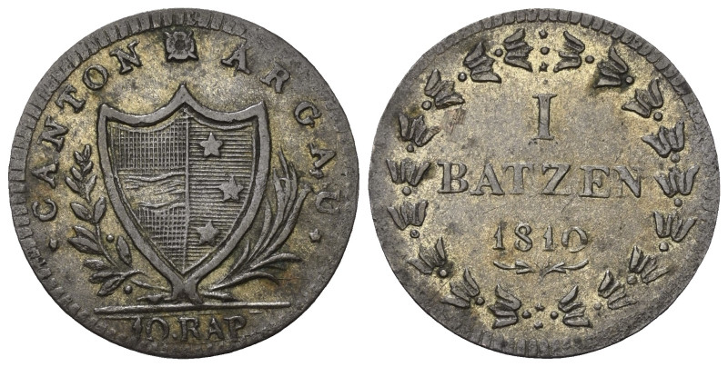 Schweiz. Aargau - Kanton.

 Batzen (Billon). 1810.
Vs: Wappen in Kranz.
Rs: ...