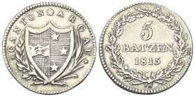 Schweiz. Aargau - Kanton.

 5 Batzen (Silber). 1815.
Vs: Wappen in Kranz.
Rs: Wertbezeichnung in Kranz, darunter Jahreszahl.

25 mm. 4,45 g. 
...