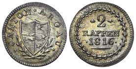 Schweiz. Aargau - Kanton.

 2 Rappen (Billon). 1816.
Vs: Wappen in Kranz.
Rs: Wertbezeichnung in Kranz, darunter Jahreszahl.

18 mm. 1,18 g. 
...