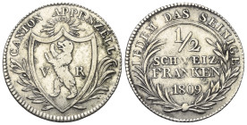 Schweiz. Appenzell - Kanton.

 1/2 Franken (Silber). 1809.
Vs: Wappen in Kranz.
Rs: Wertbezeichnung in Kranz, darunter Jahreszahl.

26 mm. 4,54 ...