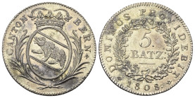 Schweiz. Bern.

 5 Batzen (Silber). 1808.
Vs: Bekröntes Wappen zwischen Zweigen.
Rs: Wert in Kranz, darunter Jahr.

25 mm. 4,53 g. 

HMZ 234a....